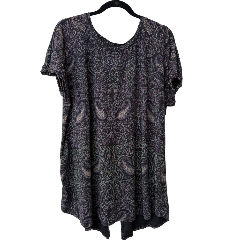 Lucky Brand Womens Split Hem Short Sleeve Top Cotton Modal Size 2X Black Paisley